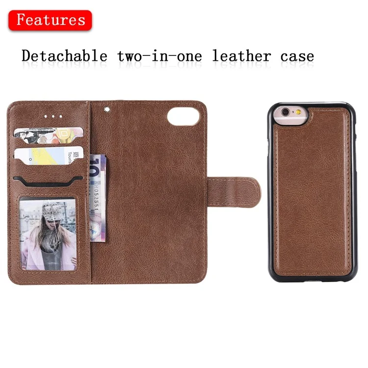For iPhone 6s / 6 / 7 / 8 / SE (2020) / SE (2022) Case 2 in 1 Detachable Magnetic Leather Wallet Mobile Cover with Strap - Brown
