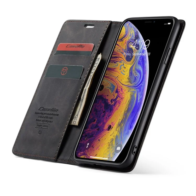 Série Caseme 013 Pour L'iphone xs / x 5,8 Pouces Retro Flip Leather Phone Case [auto-absorbed] [stand de Portefeuille] - le Noir