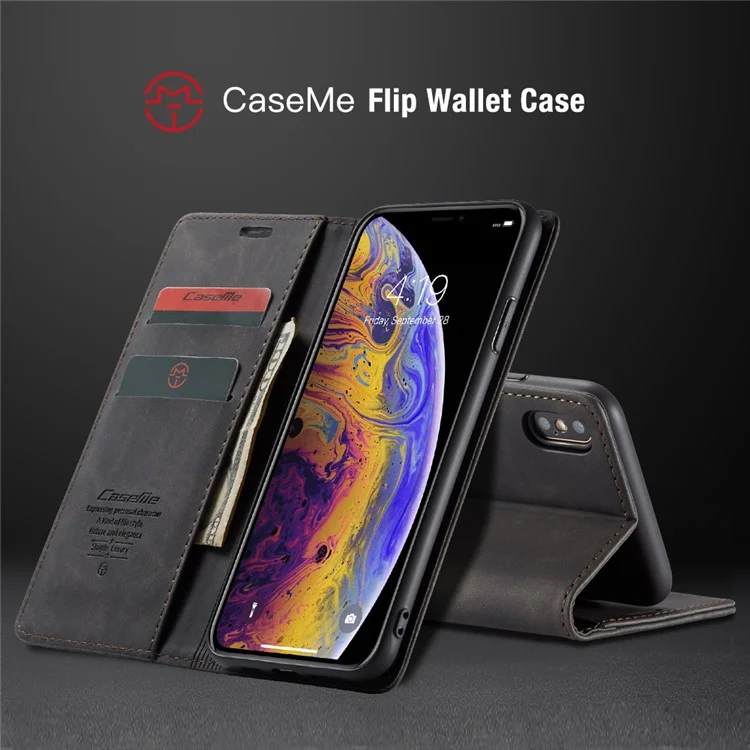 CASEME 013 Series for iPhone XS/X 5.8 inch Retro Flip Leather Phone Case [Auto-absorbed] [Wallet Stand] - Black
