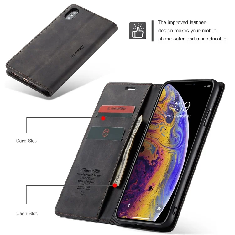 Caseme 013 Série PU le Cuir Portefeuille Support de Téléphone Pour Iphone XS Max 6,5 Pouces - le Noir