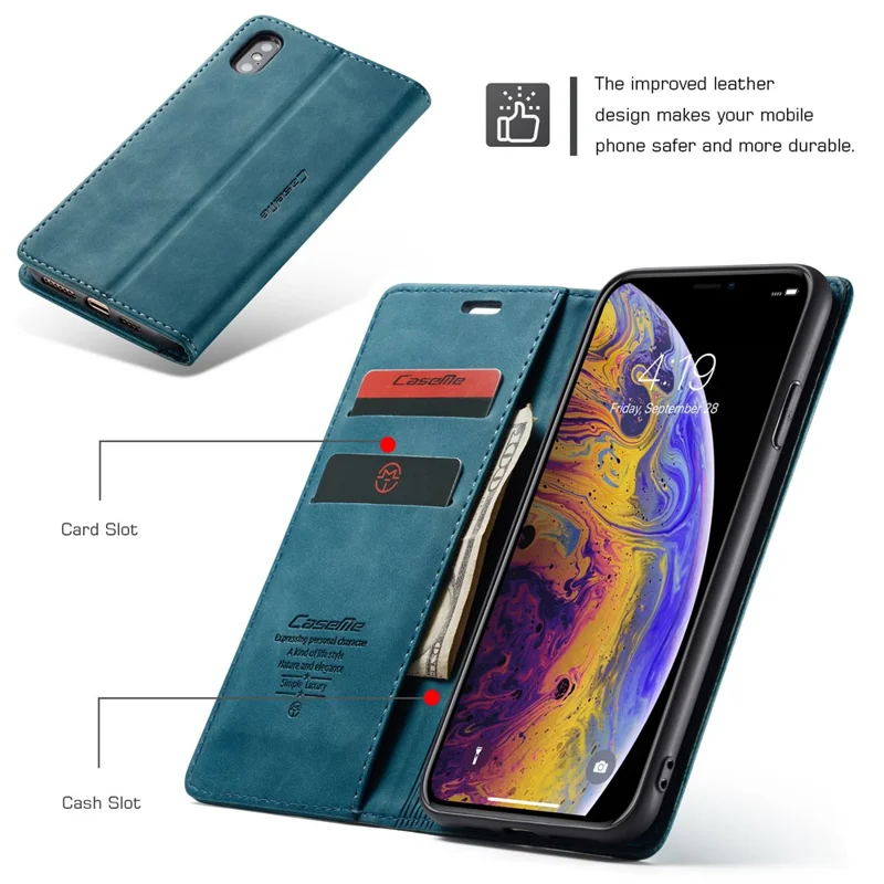 CASEME 013 Series PU Leather Wallet Mobile Phone Shell with Stand for iPhone XS Max 6.5 inch - Blue