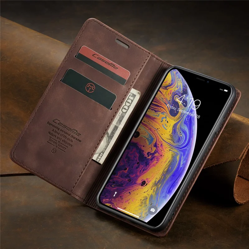 CASEME 013 Series PU Leather Auto-adsorption Phone Casing for iPhone XS Max 6.5 inch - Coffee