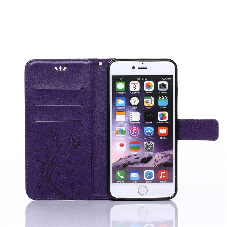 Imprint Butterfly Flower Leather Card Holder Case for iPhone 6s/6 4.7-inch - Purple