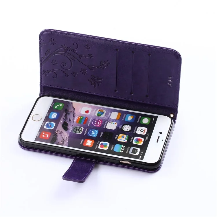 Imprint Butterfly Flower en Cuir Carte Holder Pour Iphone 6s / 6 4,7 Pouces - Violet