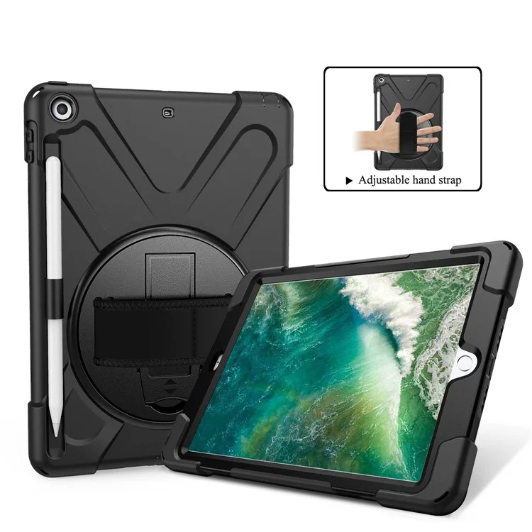 X-Shape PC + TPU Combo Case for iPad 9.7-inch (2018) / (2017) with Hand Strap [360 Degree Rotary Kickstand] - Black