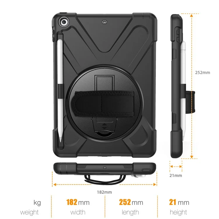 Case Combo de PC + TPU en Forma de x Para Ipad 9.7 Pulgadas (2018) /(2017) Con Correa de Mano [360 Grados de Patada Rotativa] - Negro