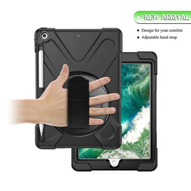 X-Shape PC + TPU Combo Case for iPad 9.7-inch (2018) / (2017) with Hand Strap [360 Degree Rotary Kickstand] - Black