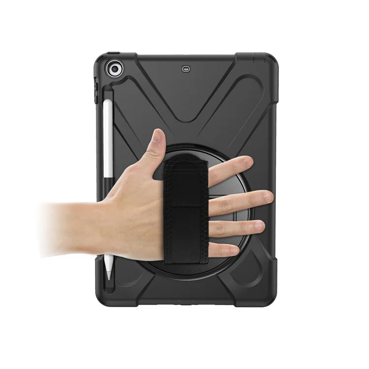 X-Shape PC + TPU Combo Case for iPad 9.7-inch (2018) / (2017) with Hand Strap [360 Degree Rotary Kickstand] - Black