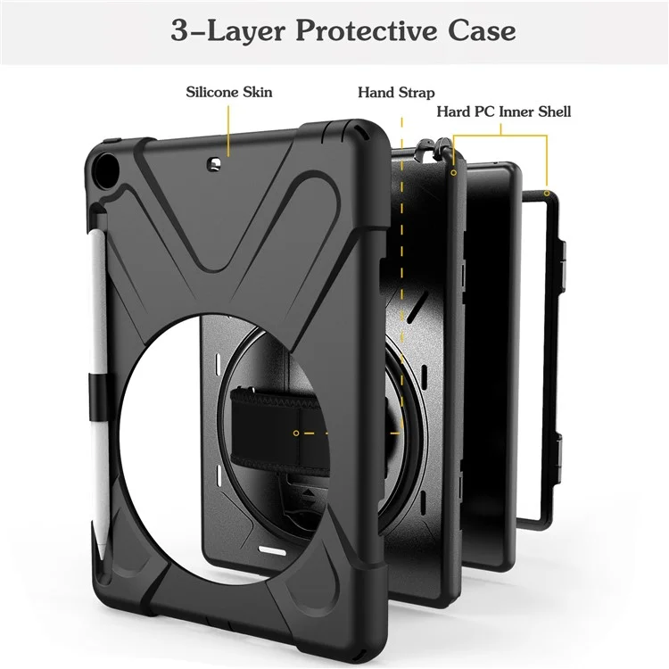 Case Combo de PC + TPU en Forma de x Para Ipad 9.7 Pulgadas (2018) /(2017) Con Correa de Mano [360 Grados de Patada Rotativa] - Negro