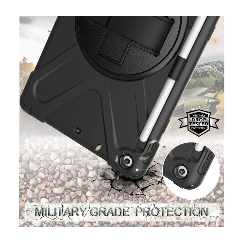 Til iPad 9,7 tommer (2018) / (2017) [X-Form] PC + TPU kombikase / 360 graders drejelig støttefod / håndbånd og skulderrem - Sort