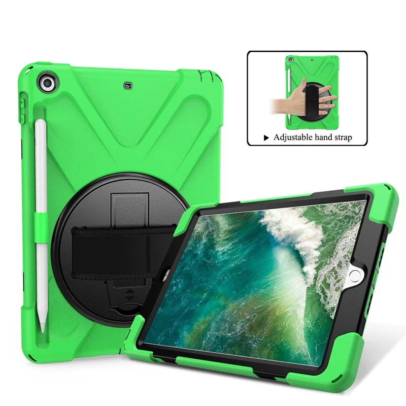For iPad 9.7-inch (2018) / (2017) [X-Shape] PC + TPU Combo Case / 360 Degree Swivel Kickstand / Hand Strap and Shoulder Strap - Green