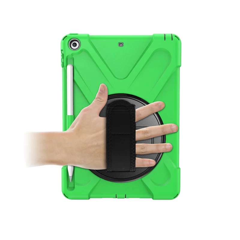 For iPad 9.7-inch (2018) / (2017) [X-Shape] PC + TPU Combo Case / 360 Degree Swivel Kickstand / Hand Strap and Shoulder Strap - Green