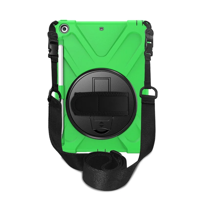 For iPad 9.7-inch (2018) / (2017) [X-Shape] PC + TPU Combo Case / 360 Degree Swivel Kickstand / Hand Strap and Shoulder Strap - Green
