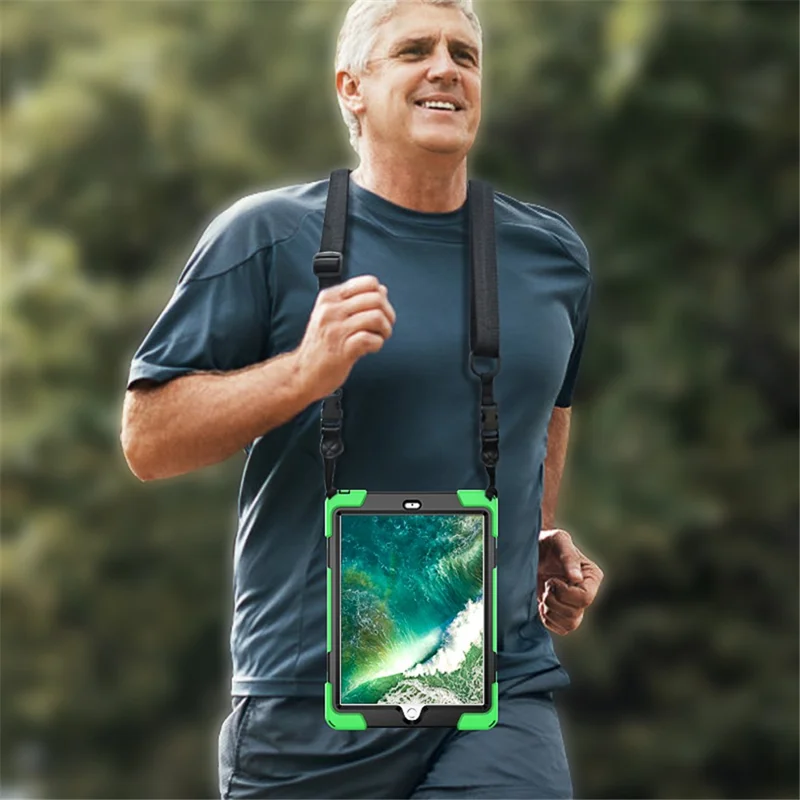 For iPad 9.7-inch (2018) / (2017) [X-Shape] PC + TPU Combo Case / 360 Degree Swivel Kickstand / Hand Strap and Shoulder Strap - Green