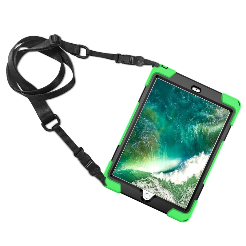 For iPad 9.7-inch (2018) / (2017) [X-Shape] PC + TPU Combo Case / 360 Degree Swivel Kickstand / Hand Strap and Shoulder Strap - Green