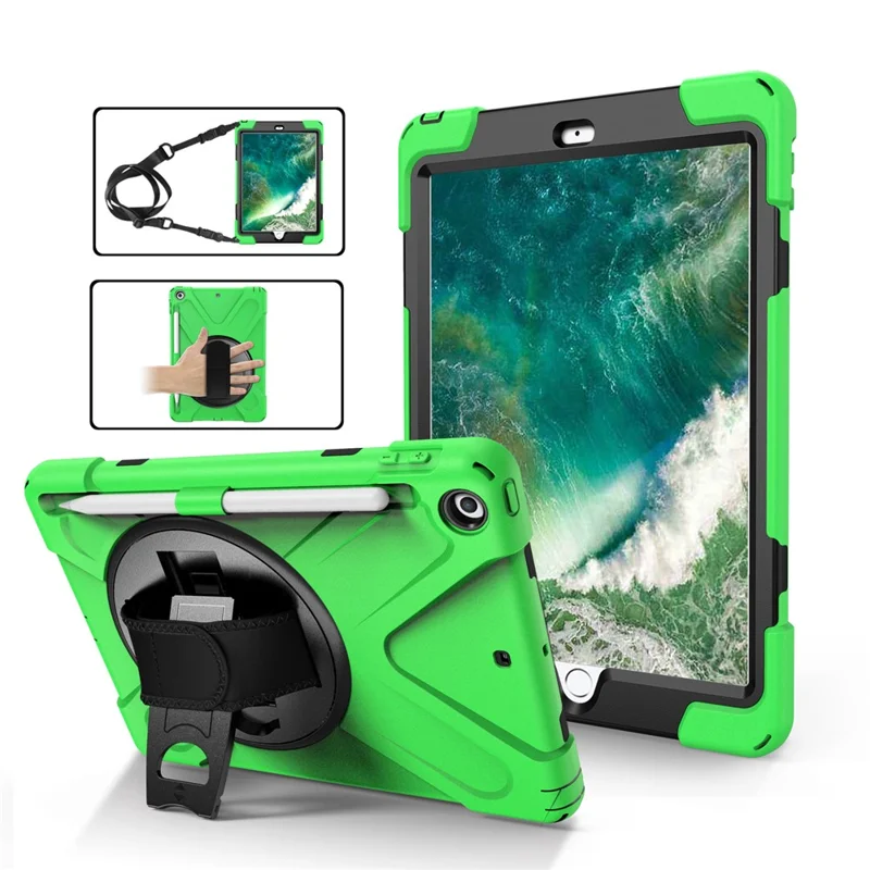 For iPad 9.7-inch (2018) / (2017) [X-Shape] PC + TPU Combo Case / 360 Degree Swivel Kickstand / Hand Strap and Shoulder Strap - Green