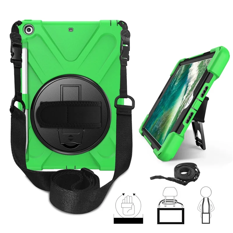 For iPad 9.7-inch (2018) / (2017) [X-Shape] PC + TPU Combo Case / 360 Degree Swivel Kickstand / Hand Strap and Shoulder Strap - Green