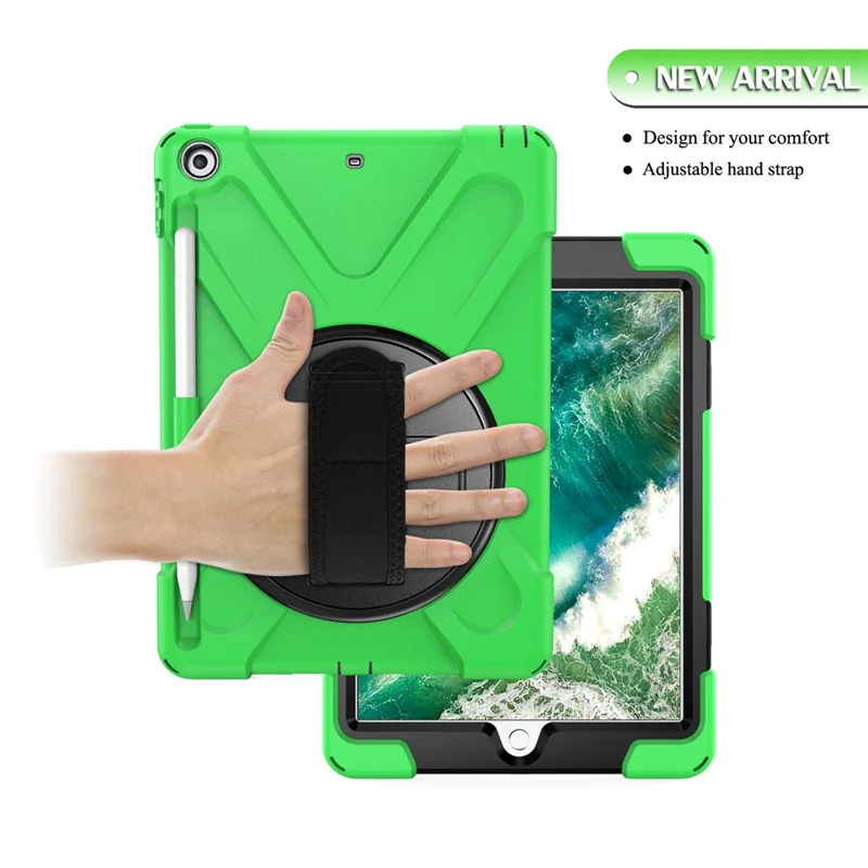 For iPad 9.7-inch (2018) / (2017) [X-Shape] PC + TPU Combo Case / 360 Degree Swivel Kickstand / Hand Strap and Shoulder Strap - Green