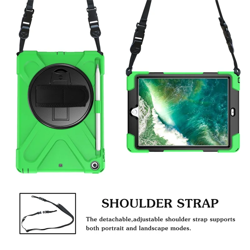 For iPad 9.7-inch (2018) / (2017) [X-Shape] PC + TPU Combo Case / 360 Degree Swivel Kickstand / Hand Strap and Shoulder Strap - Green
