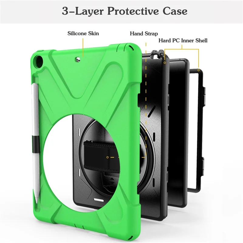 For iPad 9.7-inch (2018) / (2017) [X-Shape] PC + TPU Combo Case / 360 Degree Swivel Kickstand / Hand Strap and Shoulder Strap - Green