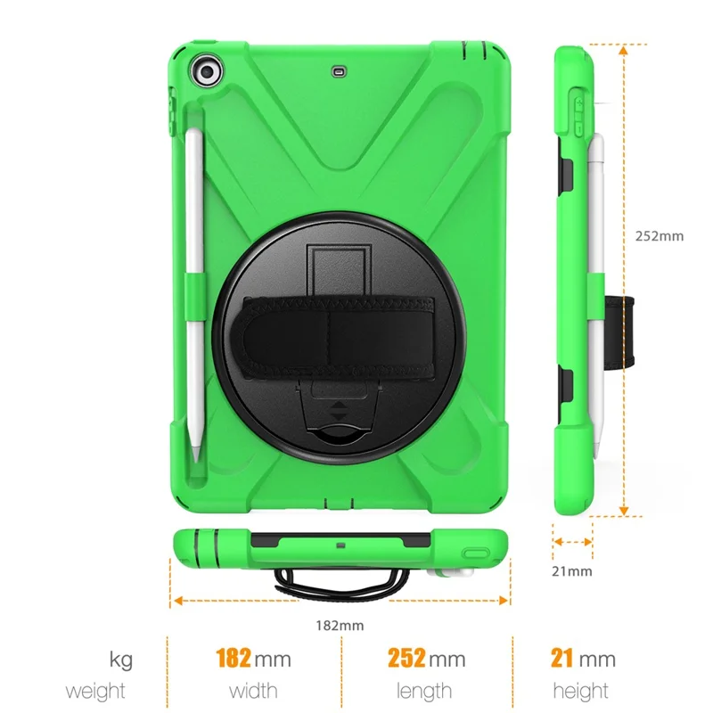 For iPad 9.7-inch (2018) / (2017) [X-Shape] PC + TPU Combo Case / 360 Degree Swivel Kickstand / Hand Strap and Shoulder Strap - Green