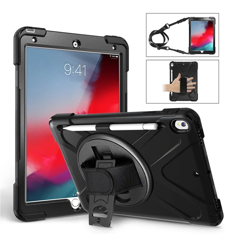 For iPad Air 10.5 inch (2019) [X-Shape] PC + TPU Combo 360 Degree Swivel Kickstand Case with Hand Strap and Shoulder Strap - Black