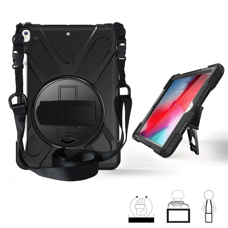 For iPad Air 10.5 inch (2019) [X-Shape] PC + TPU Combo 360 Degree Swivel Kickstand Case with Hand Strap and Shoulder Strap - Black