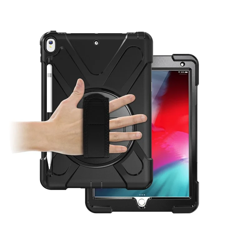 For iPad Air 10.5 inch (2019) [X-Shape] PC + TPU Combo 360 Degree Swivel Kickstand Case with Hand Strap and Shoulder Strap - Black