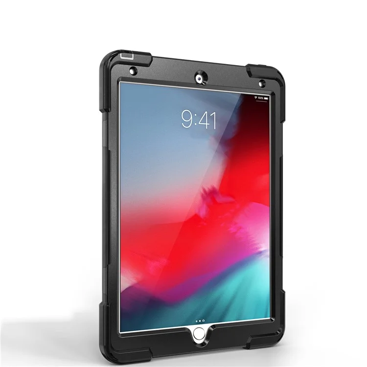 For iPad Air 10.5 inch (2019) [X-Shape] PC + TPU Combo 360 Degree Swivel Kickstand Case with Hand Strap and Shoulder Strap - Black