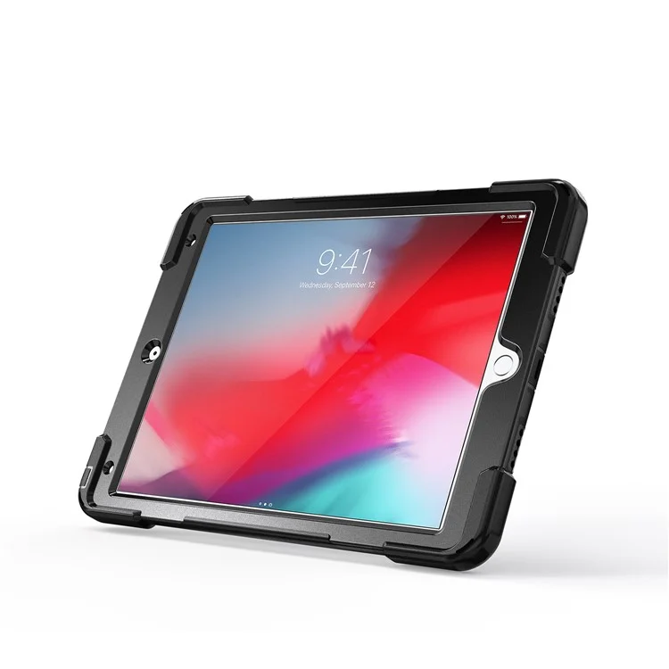 For iPad Air 10.5 inch (2019) [X-Shape] PC + TPU Combo 360 Degree Swivel Kickstand Case with Hand Strap and Shoulder Strap - Black