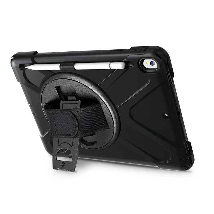 For iPad Air 10.5 inch (2019) [X-Shape] PC + TPU Combo 360 Degree Swivel Kickstand Case with Hand Strap and Shoulder Strap - Black