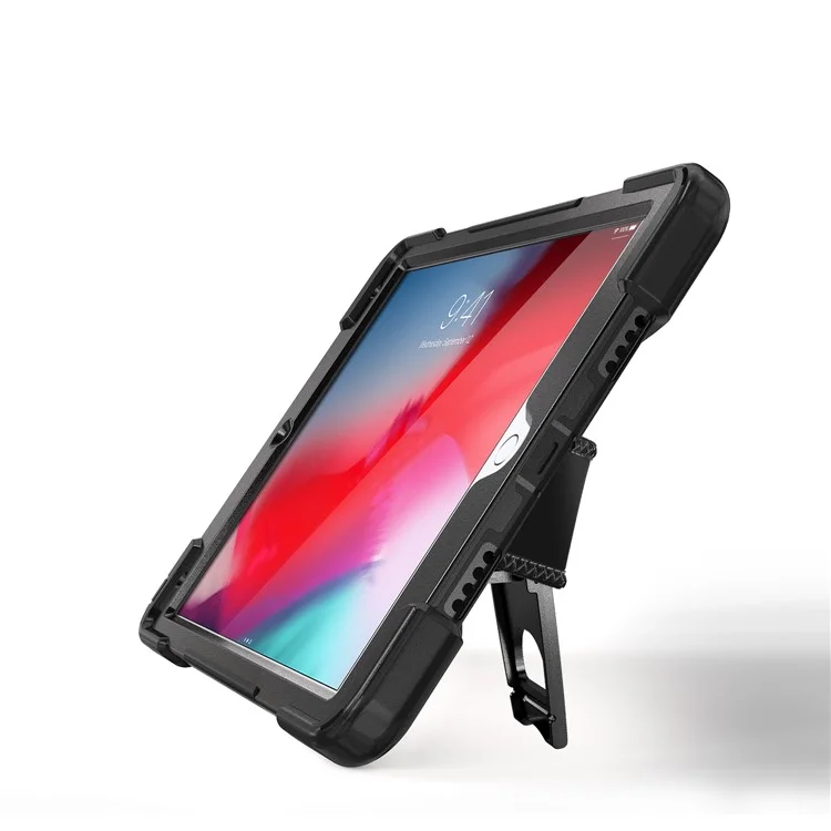 For iPad Air 10.5 inch (2019) [X-Shape] PC + TPU Combo 360 Degree Swivel Kickstand Case with Hand Strap and Shoulder Strap - Black