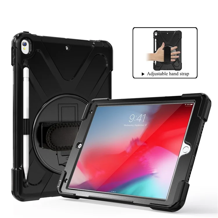 For iPad Air 10.5 inch (2019) [X-Shape] PC + TPU Combo 360 Degree Swivel Kickstand Case with Hand Strap and Shoulder Strap - Black