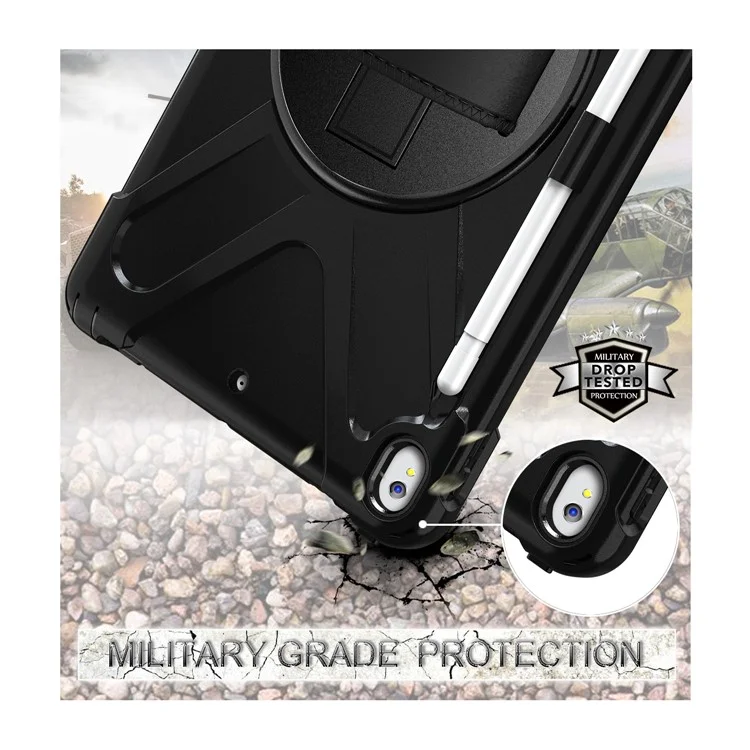 Pour iPad Air 10,5 pouces (2019) [X-Shape] PC + Étui de combinaison TPU 360 degrés avec support rotatif, sangle de main et sangle d'épaule - Noir