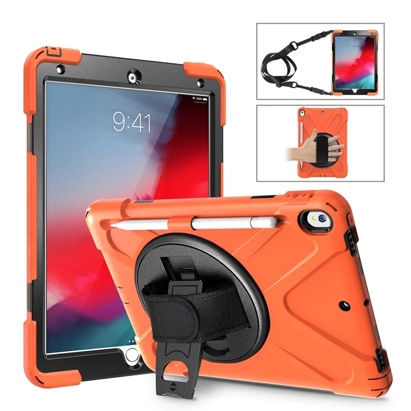 For iPad Air 10.5 inch (2019) [X-Shape] PC + TPU Combo 360 Degree Swivel Kickstand Case with Hand Strap and Shoulder Strap - Orange