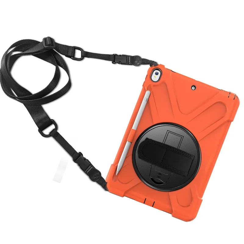 For iPad Air 10.5 inch (2019) [X-Shape] PC + TPU Combo 360 Degree Swivel Kickstand Case with Hand Strap and Shoulder Strap - Orange