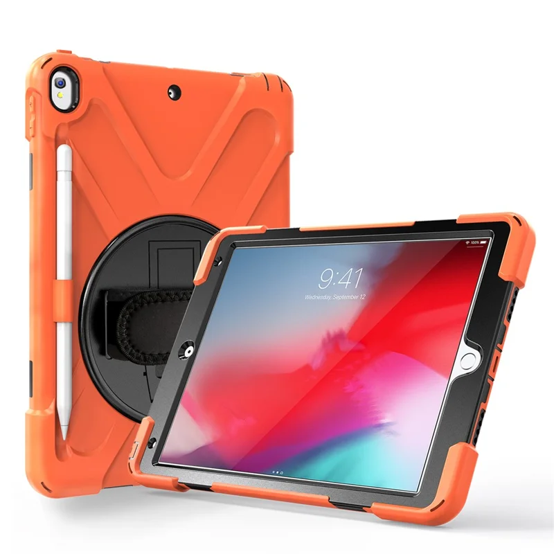 For iPad Air 10.5 inch (2019) [X-Shape] PC + TPU Combo 360 Degree Swivel Kickstand Case with Hand Strap and Shoulder Strap - Orange