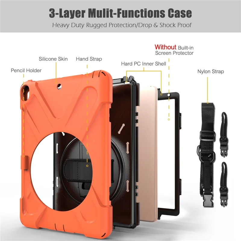 For iPad Air 10.5 inch (2019) [X-Shape] PC + TPU Combo 360 Degree Swivel Kickstand Case with Hand Strap and Shoulder Strap - Orange