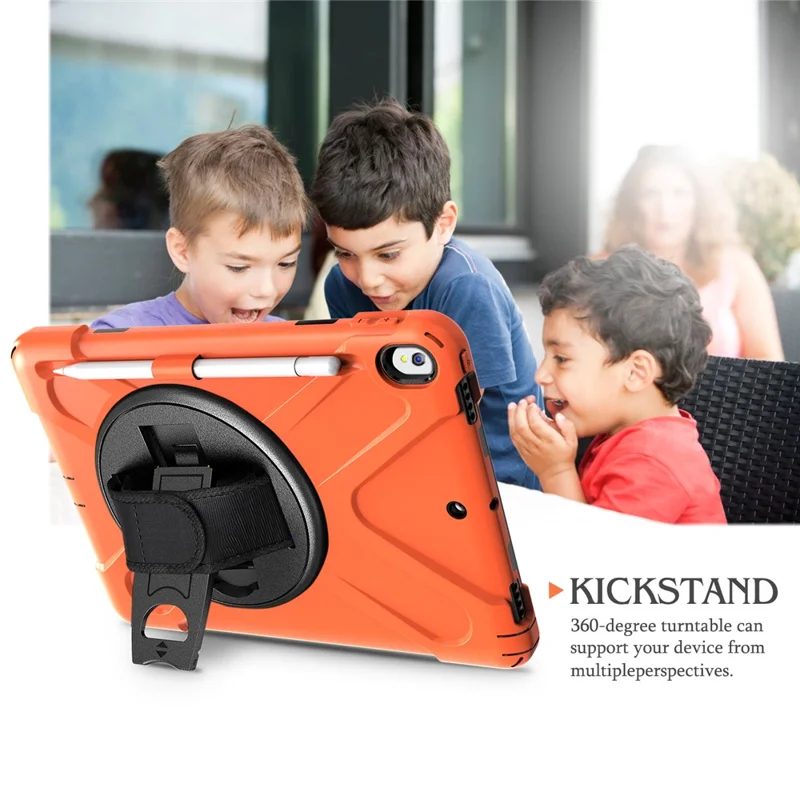 For iPad Air 10.5 inch (2019) [X-Shape] PC + TPU Combo 360 Degree Swivel Kickstand Case with Hand Strap and Shoulder Strap - Orange