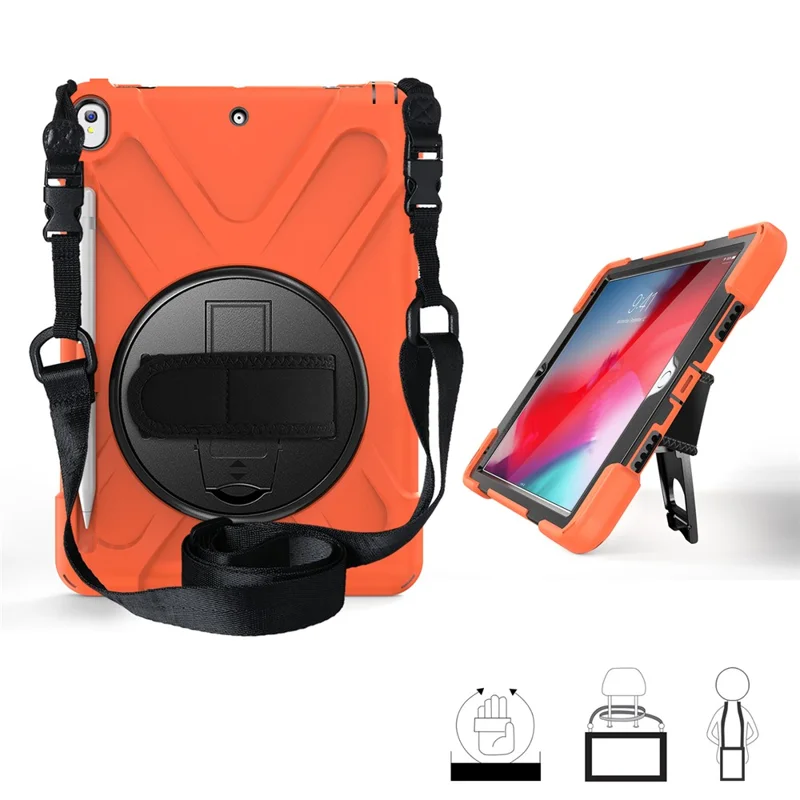 For iPad Air 10.5 inch (2019) [X-Shape] PC + TPU Combo 360 Degree Swivel Kickstand Case with Hand Strap and Shoulder Strap - Orange