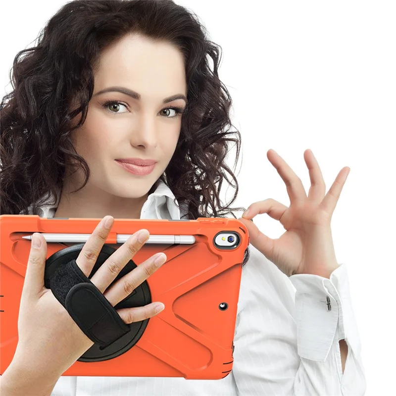 For iPad Air 10.5 inch (2019) [X-Shape] PC + TPU Combo 360 Degree Swivel Kickstand Case with Hand Strap and Shoulder Strap - Orange