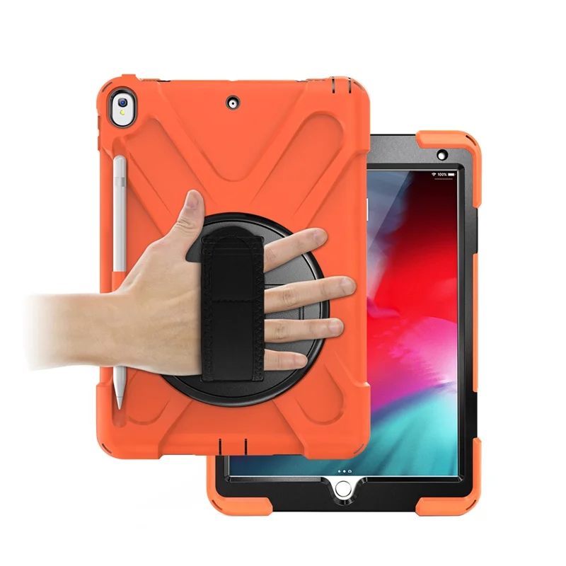 For iPad Air 10.5 inch (2019) [X-Shape] PC + TPU Combo 360 Degree Swivel Kickstand Case with Hand Strap and Shoulder Strap - Orange