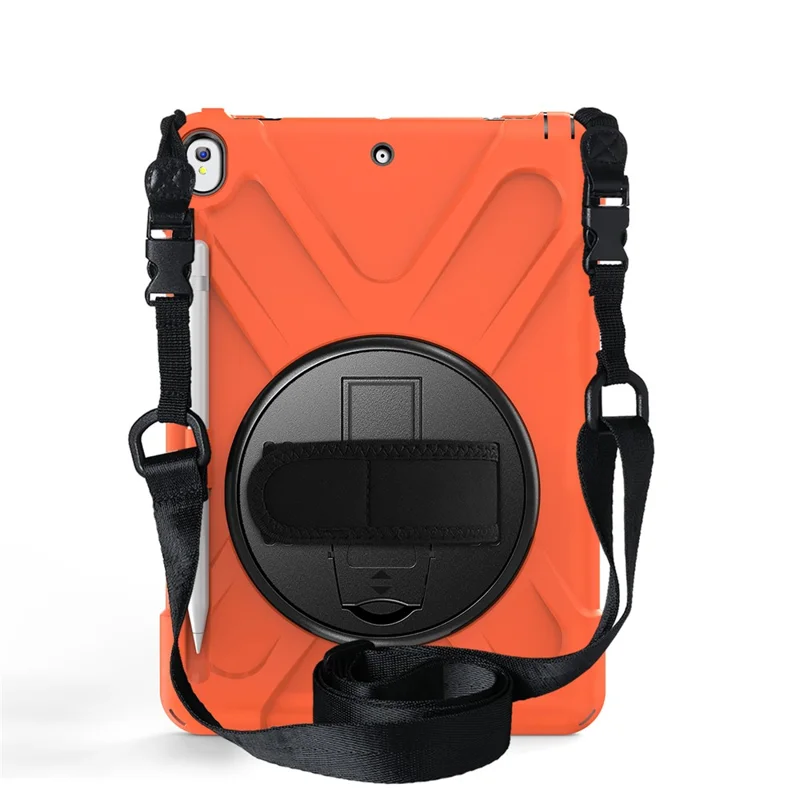 For iPad Air 10.5 inch (2019) [X-Shape] PC + TPU Combo 360 Degree Swivel Kickstand Case with Hand Strap and Shoulder Strap - Orange