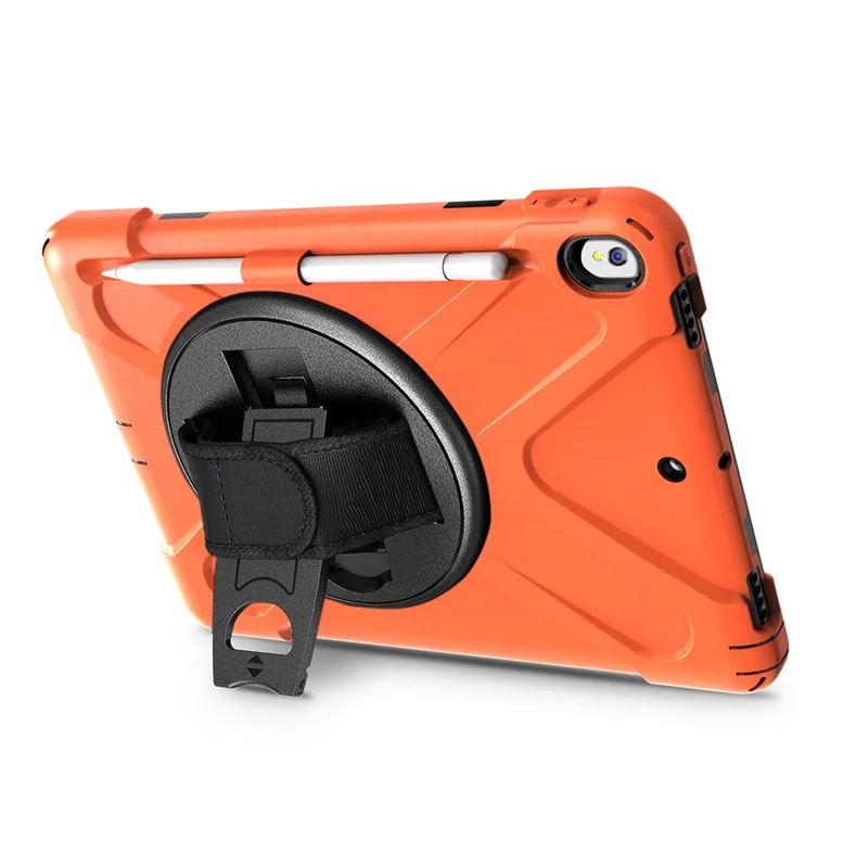 For iPad Air 10.5 inch (2019) [X-Shape] PC + TPU Combo 360 Degree Swivel Kickstand Case with Hand Strap and Shoulder Strap - Orange