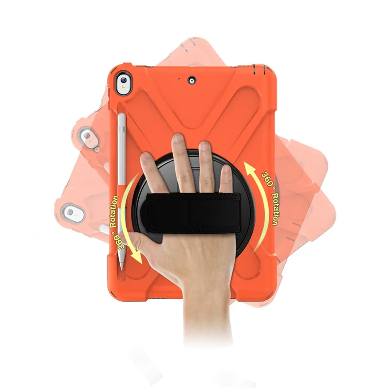 For iPad Air 10.5 inch (2019) [X-Shape] PC + TPU Combo 360 Degree Swivel Kickstand Case with Hand Strap and Shoulder Strap - Orange