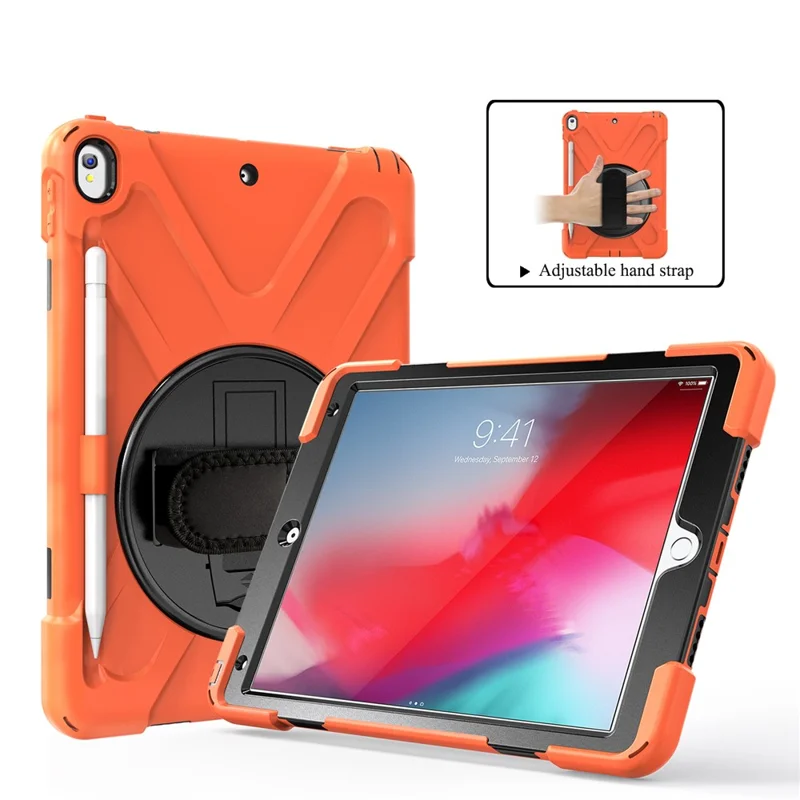 For iPad Air 10.5 inch (2019) [X-Shape] PC + TPU Combo 360 Degree Swivel Kickstand Case with Hand Strap and Shoulder Strap - Orange