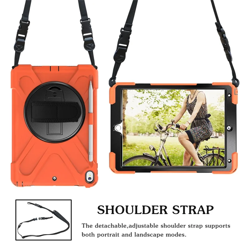 For iPad Air 10.5 inch (2019) [X-Shape] PC + TPU Combo 360 Degree Swivel Kickstand Case with Hand Strap and Shoulder Strap - Orange