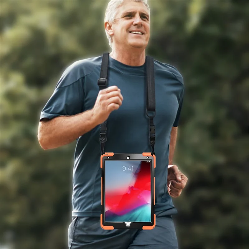 For iPad Air 10.5 inch (2019) [X-Shape] PC + TPU Combo 360 Degree Swivel Kickstand Case with Hand Strap and Shoulder Strap - Orange