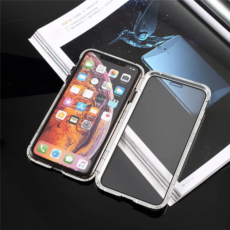 Proteção Totalmente Proteção Adsorção Magnética Metal Frame + Tampa de Telefone de Vidro Temperado Para Iphone X / XS 5,8 Polegadas - Prata