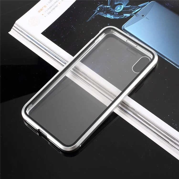 Fully Protection Magnetic Adsorption Metal Frame + Tempered Glass Phone Cover for iPhone X / XS 5.8 inch - Silver